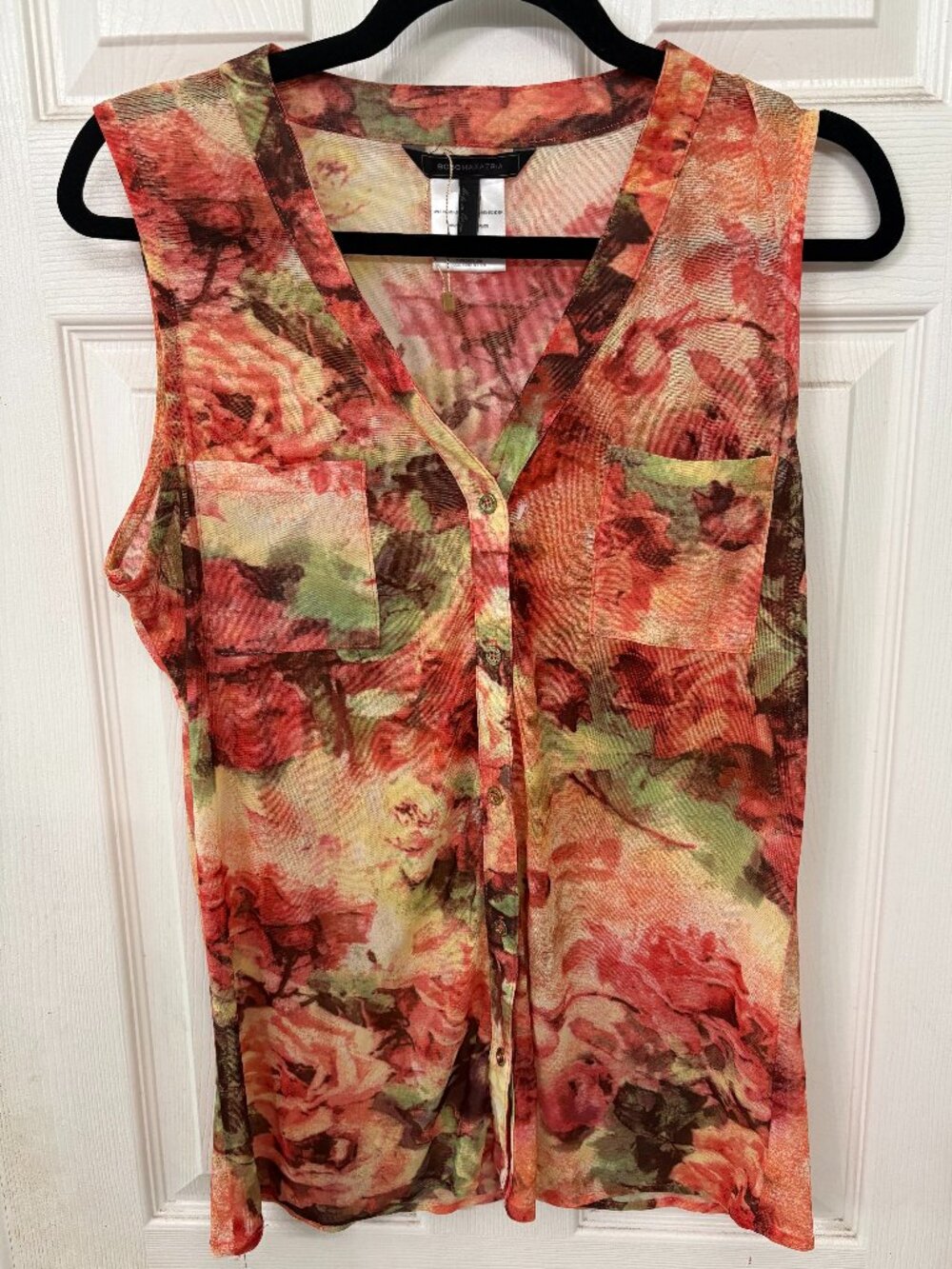 BCBGMAXAZRIA Floral Mesh Sleeveless Blouse Sheer Button Up Top Women's Size L